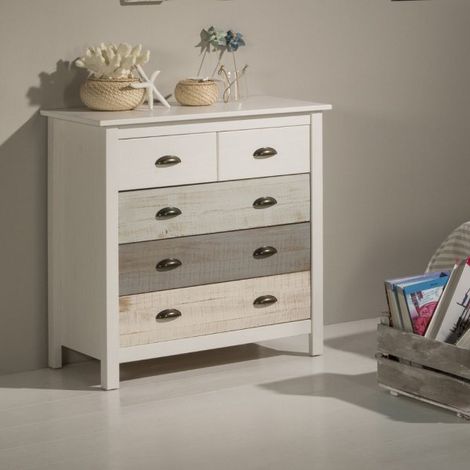 Comò in legno massiccio con 5 cassetti colore bianco grigio e crema 79x40x80H cm - Romantica
