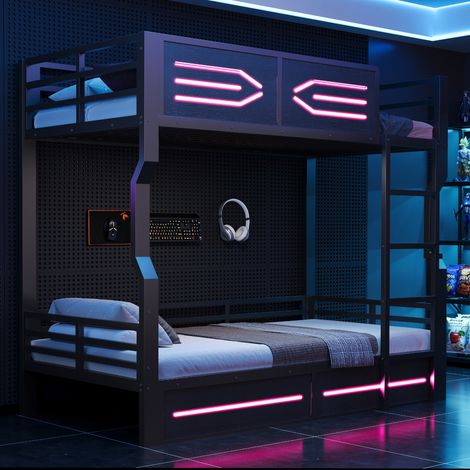 Metall-Etagenbett 90x200 cm für 2 Schlafplätze mit LED, gerader Leiter und Absturzsicherung, modernes Kinderbett, Schwarz (1/5)