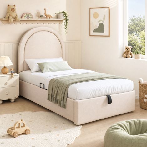 Lit enfant 90x190 cm en PU beige avec rangement, pour petite chambre, sans matelas – MEUBLIV (1/5)