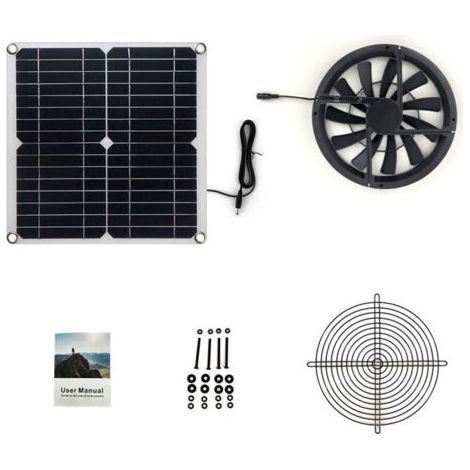 Solarbetriebenes Lüfter-Set, 12 W 12 V Solarpanel, wasserdichter runder Abluftventilator, 10 Zoll, mit Abdeckung, tragbarer Mini-Außenventilator MUMU