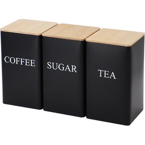 Bocaux de conservation pour la cuisine - Lot de 3 - Boîtes hermétiques pour café, thé et sucre - Couvercles en bambou résistants à l'humidité - Étiquettes personnalisables incluses - Noir (1/5)