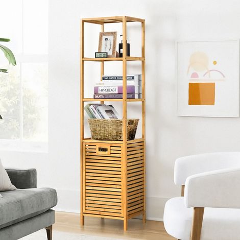 Colonne pour Salle de Bain avec Panier à Linge Basculant et 3 Etagères de Rangement Meuble en Bambou et Toile d'Oxford Maison Chic (1/4)