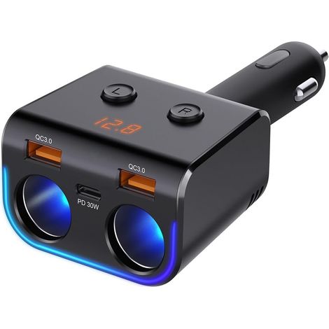 180W USB C Auto Ladegerät Zigarettenanzünder Verteiler Adapter Splitter Typ C KFZ Ladegerät 2 Fach, 12v USB Steckdose mit LED Voltmeter Schalter Dual USB +PD Port für Handy Tablet GPS Dash Kamera (1/5)