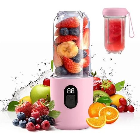 Batidora portátil inalámbrica de color rosa con 16 cuchillas, Recargable mediante USB, C, para batidos y zumos naturales (1/5)