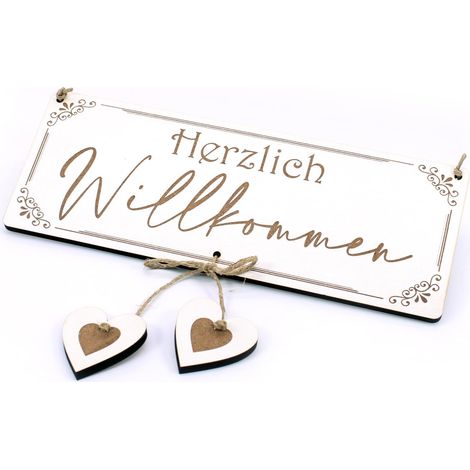 Plaque décorative avec inscription en allemand Herzlich Willkommen und 2 Herzlich Willkommen und 2 Herzlich - Décoration de porte - 23 x 9 cm (1/4)