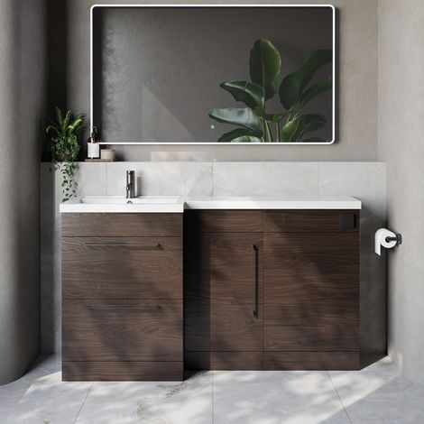 Napoli 390 Brown Oak 1500mm 2 Drawer Vanity Unit Toilet Suite with Left Hand Square Lucia Basin - 1500mm - Gunmetal Grey 320mm HandleWithout Kingston Toilet Pan