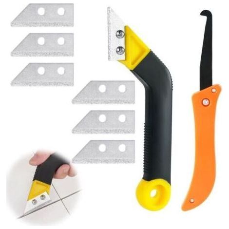 Lot de 9 Grattoirs Joints Carrelage avec, 7 Lames de Rechange et 1 Scie Coudée, Grattoir Rasoir Nettoyage pour Carrelage, Grattoir a Dejointer Carrelage,Grattoir à Joints