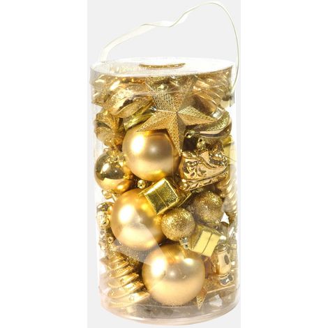 Dmora Boîte 50 pièces décorations de Noel multi-formes, ornements et pointe, ensemble assortiment de boules de Noel, boîte ensemble arbre de Noel, 4 à 10 cm, couleur or (1/3)