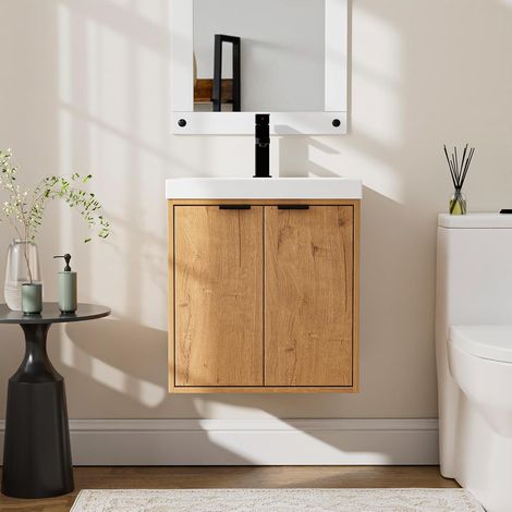 UEV Mobile Bagno a 2 Ante con Lavabo in Resina, Mobiletto Bagno Sospeso con Unico Design e Praticità, Set Mobili con Motivo Legno Naturale, 50 x 38 x 55 cm, Naturale