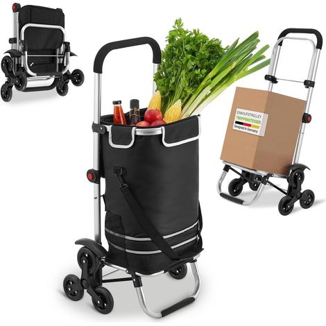 Chariot de Courses 2 en 1 Cadre pliable en alliage d'aluminium 56L Chariot à roulettes Montant Escalier Panier et Sacs Noir