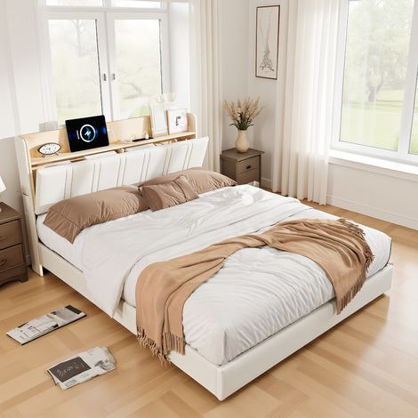 Polsterbett Doppelbett 160x200 cm, Schwebebett mit LED Beleuchtung und USB-Anschlüssen, Modernes Jugendbett mit stauraum, Bettgestell mit Kopfteil und Lattenrost, PU Weiß