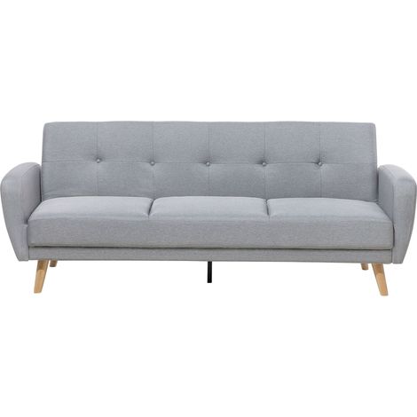 Divano Letto in Tessuto Imbottito Grigio a 3 Posti con Gambe in Legno Florli