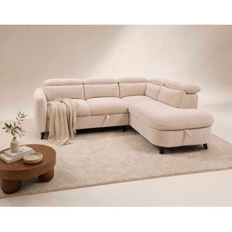 Opaline - canapé d'angle droit 5 places convertible avec têtières et coffre en tissu texturé - beige (1/5)