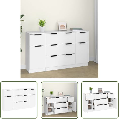 The Living Store Buffets 3 pcs Blanc Bois d'ingénierie - Meubles De Rangement - Buffet - Meuble Tv - Design Minimaliste - Mobilier Blanc (1/5)