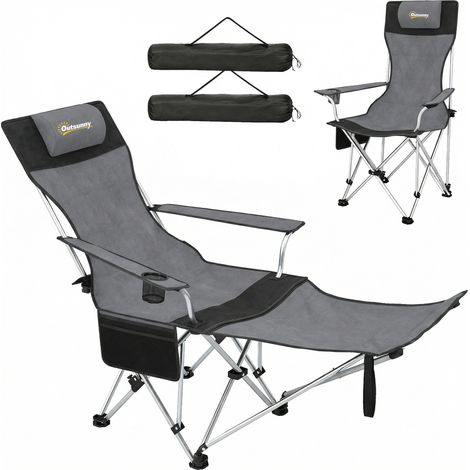 Outsunny Set 2 Sedie da Pesca Pieghevoli con Poggiapiedi e Portabicchieri Grigio