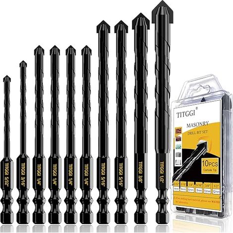 Lot de 10 forets à maçonnerie professionnels pour béton, verre, brique, ciment, carrelage, bois, etc. Pointe en carbure de qualité industrielle 3/16 "-1/2" (1/5)