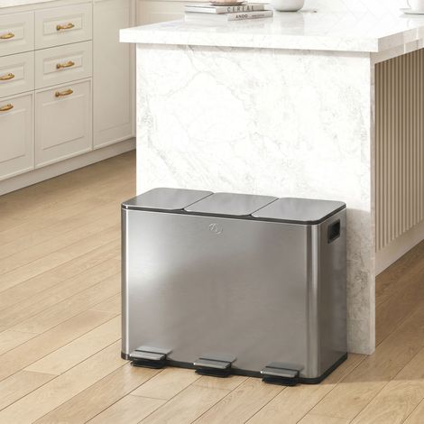 Poubelle 3 compartiments 20L avec fermeture silencieuse, acier inoxydable et PP, 61,9x36,6x56,7 cm (1/5)