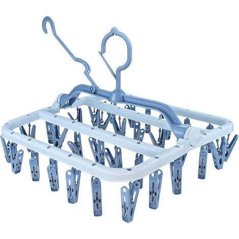 Etendoir Chaussette, Étendoir à Linge à Suspendre avec 32 Pinces en à l’épreuve du Vent, Séchoir Chaussettes Pliable Lingerie pour Chaussettes,sous-vêtements,Vêtements de Bébé,Serviettes(Bleu) (1/4)