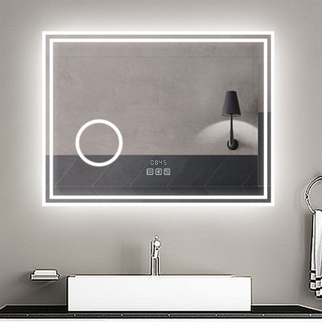 AICA Espejo de baño LED 80×60 cm+ Reloj + Lupa + Bluetooth (1/5)