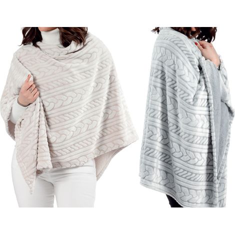Poncho Felpa Plaid Coperta Retro Agnellato Sherpa Inverno Caldo Dis. Maglia, misuraPonchocoloreGrigio (1/5)