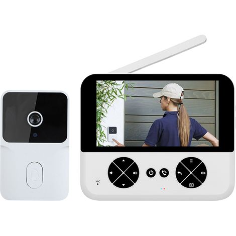 Sonnette vidéo sans fil intelligente avec écran IPS 4,3 pouces, vision nocturne haute définition, audio bidirectionnel et enregistrement automatique de photos et vidéos.-AquaForge