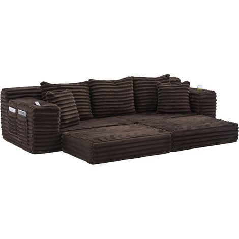 Sofa compressé en tissu côtelé avec dossier haut, coussins supplémentaires, poches latérales et porte-boissons, convertible en canapé-lit, marron café (1/5)