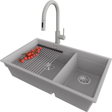 PRIMAGRAN Evier Cuisine en Granit 76x47cm, Lavabo 2 bacs + Kit de Vidage + Accessoire, Évier à Encastrer au meuble 80cm - Prague Slim Duo, Gris