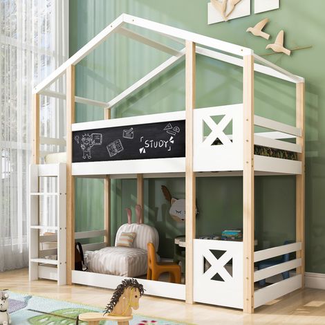 Cama Cabaña 90×200 cm, Cama Individual con Escalera, Pizarra y Barandilla, sin Colchón, en Madera Maciza, Blanco (1/5)