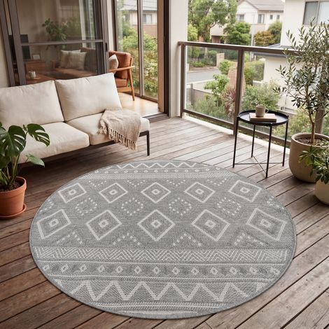 Paco Home Tapis Intérieur & Extérieur Balcon Terrasse Cuisine Motif Ethnique Boho Moderne 200 cm rond, Gris 2 (1/5)