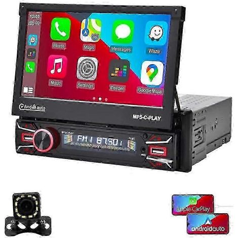 Autoradio simple DIN avec écran tactile motorisé de 7 pouces, compatible CarPlay et Android Auto sans fil, Bluetooth, caméra de recul et port USB (1/5)