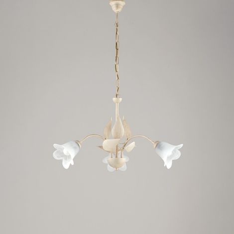 Araña de hierro Marfil Oro tres luces Alabastro Cristal blanco 60x h43 cm