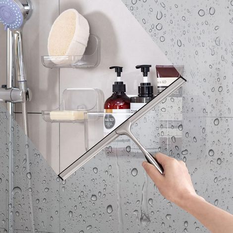 QAZQA Raclette de Douche en Acier Inoxydable - Raclette de Douche avec Lame de Nettoyage en Silicone de 30,5 cm et Crochet adhésif Mural pour Salle de Bain, Cuisine, Miroir, des fenêtres et des vitres (1/5)