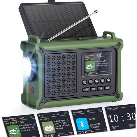 Radio d\'urgence Solaire 12000mAh avec Bluetooth, Radio Numérique Portable Dab+/Dab/FM avec Manivelle 650mA et Panneau Solaire 8500mm², Écran Couleur 2,4", 80 Stations, Lampe LED, USB, SOS, IPX6 (1/5)
