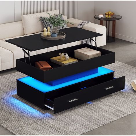 Table basse relevable 100x50x44 cm noire – LED, 2 tiroirs, rangement intégré (1/5)