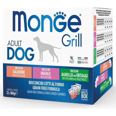 Caja múltiple Monge Dog Grill de salmón, cerdo y cordero (12 unidades de 100 g)