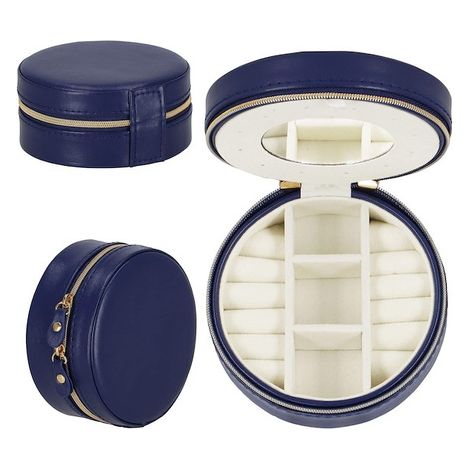 Scatola per gioielli tonda 11x5 cm, valigetta blu navy con scomparti in ecopelle.