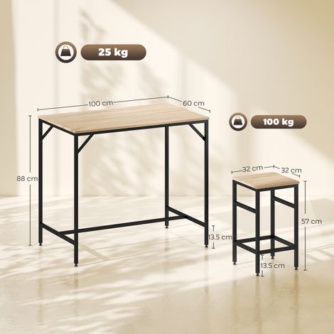 Ensemble table haute industrielle en métal et bois (avec 4 tabourets, chêne clair) (1/5)