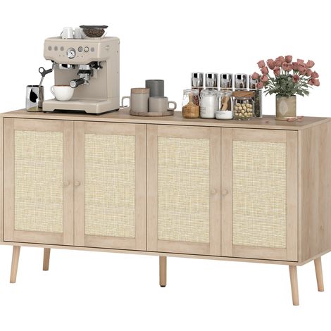 Buffet salon portes cannage étagère réglable, 140x40x75 cm, effet bois naturel (1/5)