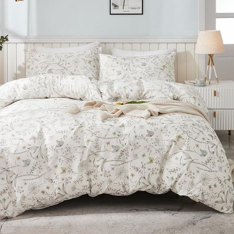 Housse de Couette Coton 200x200 Fleurs - 100% Coton Parure de Lit Motif Feuilles Floral avec 2 Taies d'oreiller 65x65 cm - Linge de Lit 2 Personnes Imprimée avec Fermeture Éclair (1/5)
