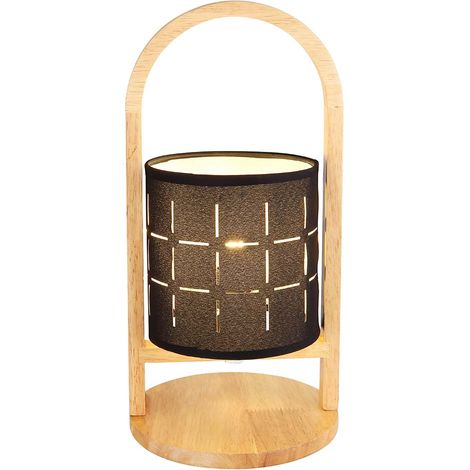 LED Tischleuchte Holz natur Nachttischlampe Textil schwarz Schlafzimmerleuchte Tischlampe, 4W 320Lm warmweiß, DxH 16x33 cm