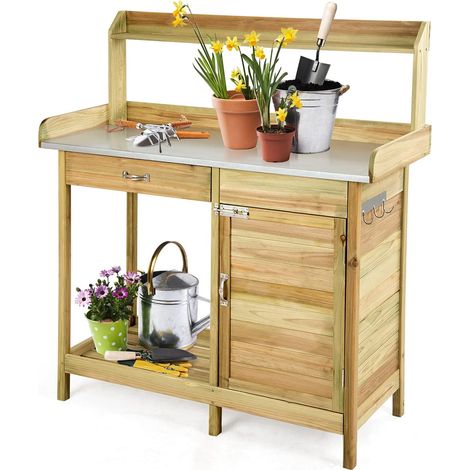 COSTWAY Table de Rempotage en Bois de Sapin avec Tiroir, Table de Jardinage avec Etagère Ouverte 3 Crochets et Table Ouvrable 112 x 45 Charge 50 kg, pour Serre de Jardin de Terrasse (1/5)