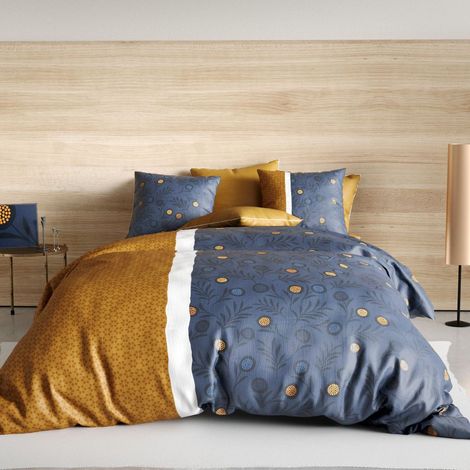 Parure housse de couette 260x240cm + 2 taies motif graphique bleu et jaune 100% coton - ORBAL (1/4)