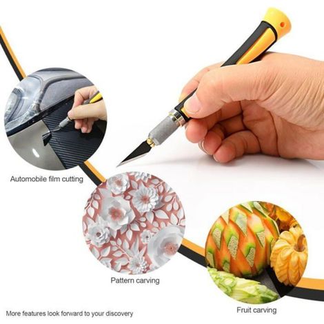 Scalpel de précision - - 10 lames antirouille - Cutter modélisme - Jaune - Manche antidérapant - Découpe fine (1/4)