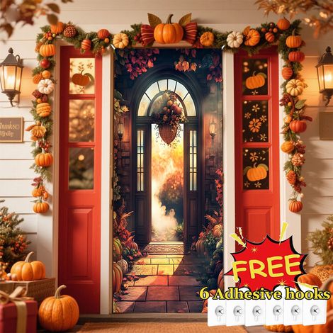 Habillage De Porte - Feuilles D'érable Et Citrouilles - Décoration De Porte Pour La Fête D'action De Grâce - 90 X 200 Cm - 1 Pièce (1/5)