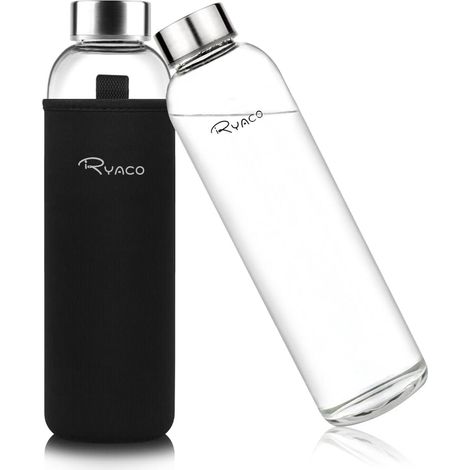 Bouteille d'eau en verre de 1000ml/33oz sans BPA- Bouteille en borosilicate anti-fuite-Idéale pour maison, les voyages, le sport, le yoga, la gym, les boissons chaudes et froides avec (1/5)