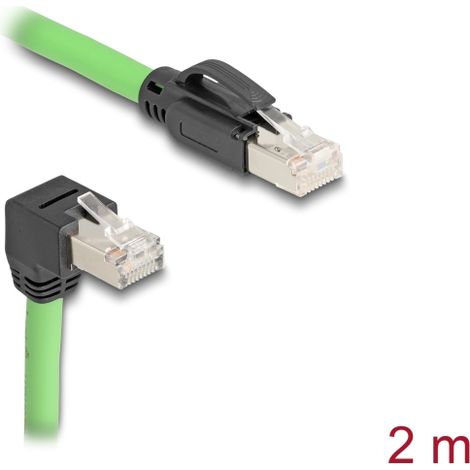 Delock Cable de red RJ45 Cat.6A macho a macho acodado hacia abajo SF/UTP adecuado para cadenas de arrastre PUR (TPU) 2 m verde