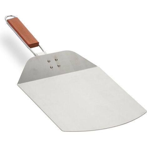 Relaxdays Pizzaschieber mit Holzgriff, für Flammkuchen, Brot, klappbar, L x B: 24 x 25,5 cm, Edelstahl, Braun/Silber (1/5)