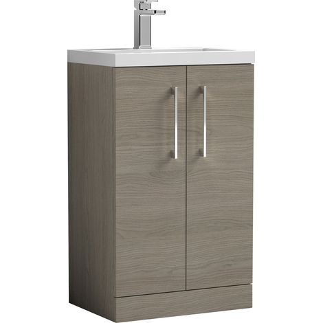 Nuie Arno Compact Floor Standing 2-Door Vanity Unit with Polymarble Basin 500mm Wide - Solace Oak Woodgrain (1/5)