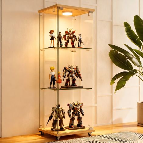 Vitrine moderne avec éclairage LED intégré, bibliothèque design en verre trempé – 1 porte, 3 étagères, aspect bois naturel – Pour salon et chambre – 42 × 36 × 120 cm