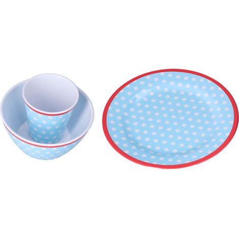 Ensemble de 3 Pièces pour Salade : Assiette, Bol et Tasse à Points Bleu Clair